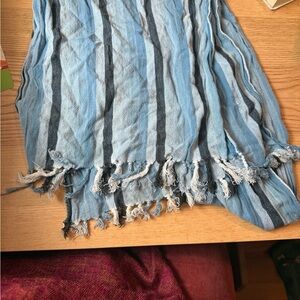 Blue Cotton Striped Scarf with Fringe